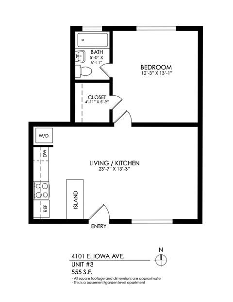 Floor plan for 1 bed, 1 bath, 580 sqft